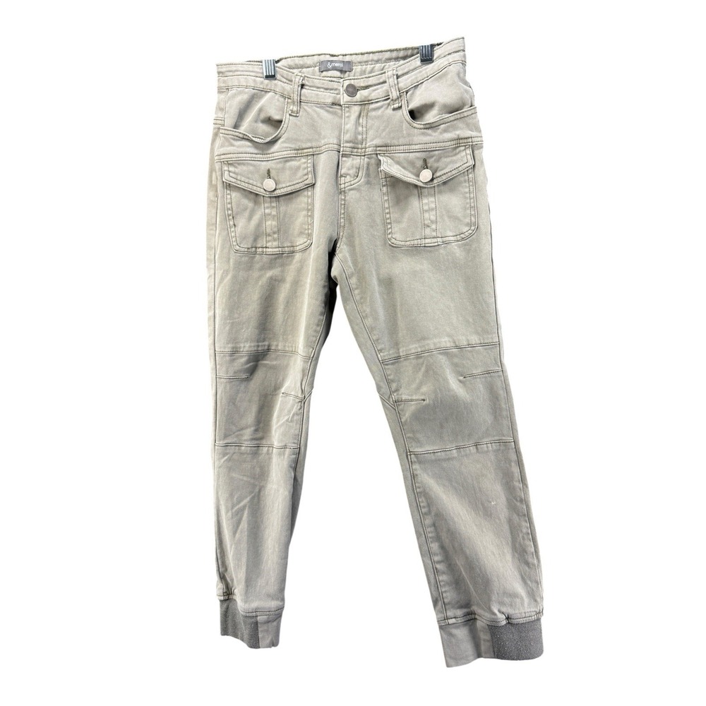 &merci Womens Utility Cargo Jogger Pants Gray Olive Stretch Rib Cuff 27 Waist